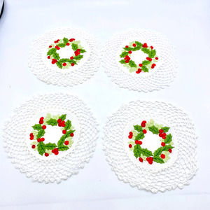 Embroidered Holly Leaf & Berries Wreath Crochet Coasters Set of 4
